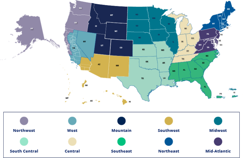 US Map Showing the different regions of the NSF Convergence Accelerator