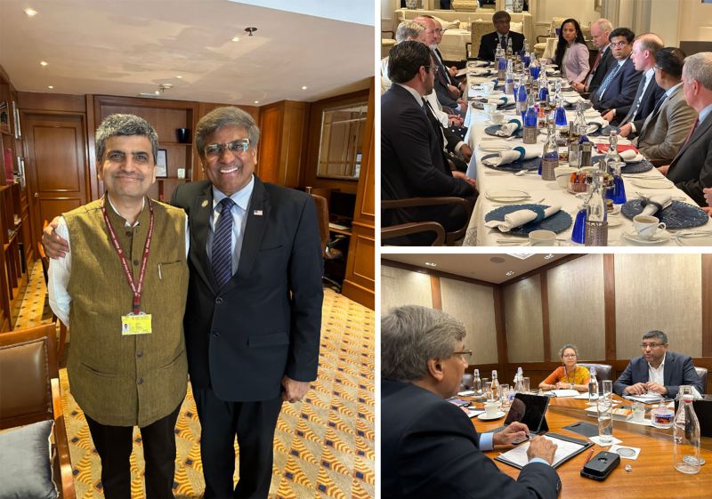 a collage of three images Director Panchanathan met with several senior Indian government leaders to further NSF's collaborations with India.