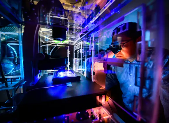A researcher uses an inverted fluorescence microscope to image cancer cells