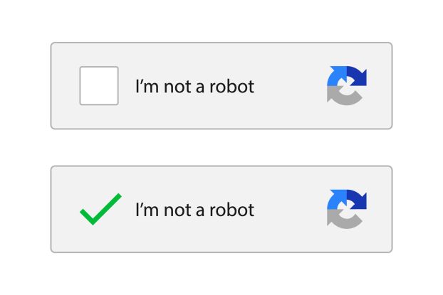 A ReCAPTCHA button, displaying an unchecked and a checked box next to the label, "I'm not a robot."