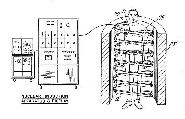 An illustration from a patent application depicting a man standing in an early-concept MRI machine.