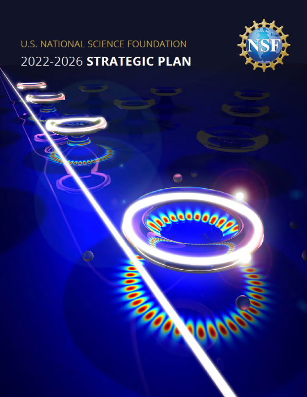 Cover of NSF's 2022-2026 strategic plan, featuring colorful, glowing circles on a blue surface